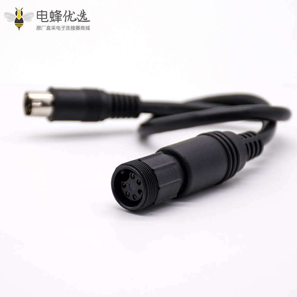 MINI DIN型连接器直式6芯公头转6芯MINI DIN塑料螺纹母头0.3M黑色注塑线28AWG PVC