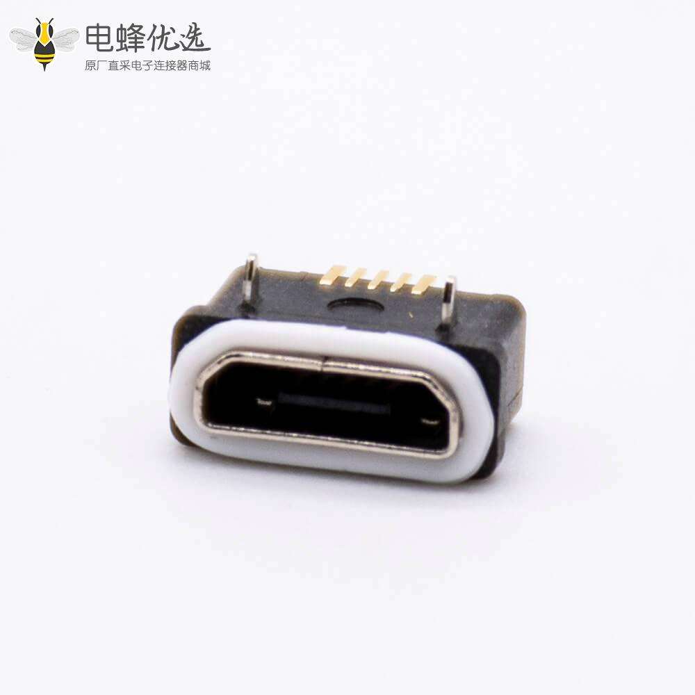 母座B型金属头露出1.0mm防水MICRO USB5芯带防水胶圈IP66板上型