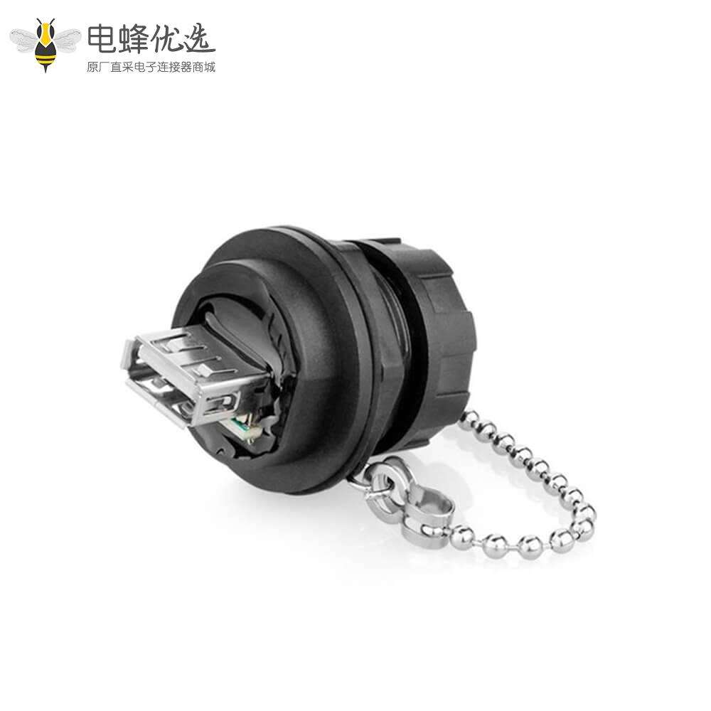 防水 USB 2.0 Type A 母转公转接头前锁直式IP67带金属链条