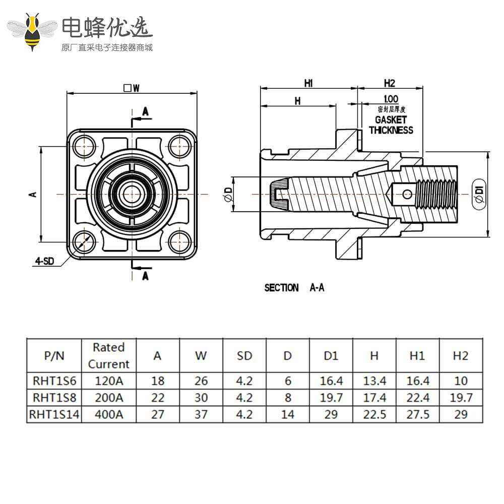 新能源电源储能连接器单芯6mm公母插座插头直弯对接60A红色塑料防水IP67铜牌连接