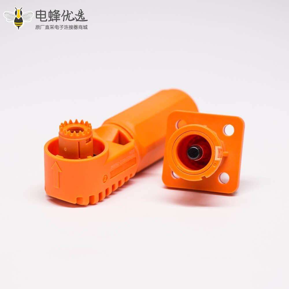 单芯防水连接器IP67橙色弯式6mm70A带孔铜牌公母对接