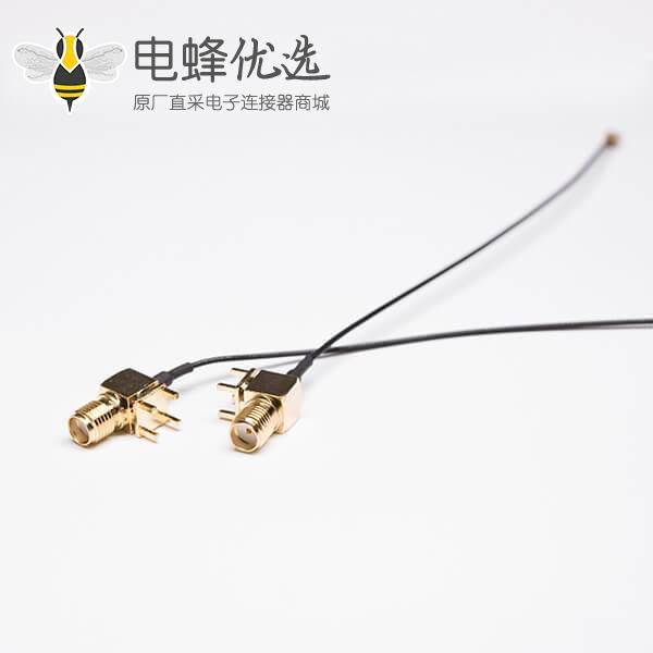 SMA线焊接黑色同轴线接RF 1.1IPEX一代接头（SMA弯头穿孔接PCB）