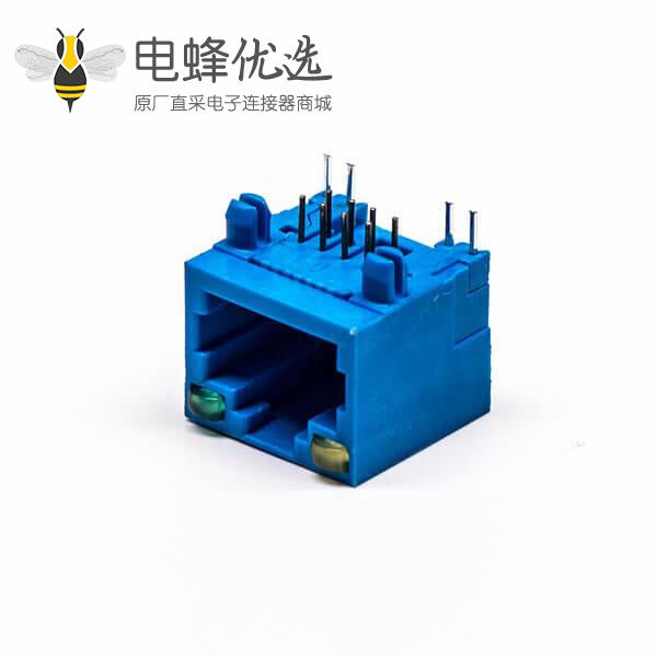 rj45网线接口母座弯式全塑蓝色单口8p带灯连接器