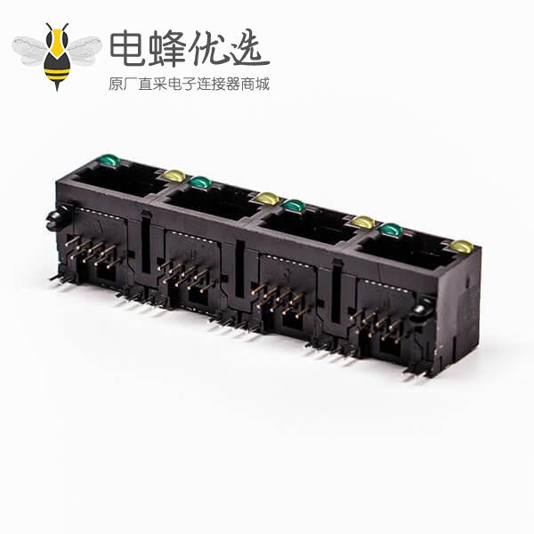 90度rj45带灯插座母头黑色1*4全塑4口带灯接PCB板