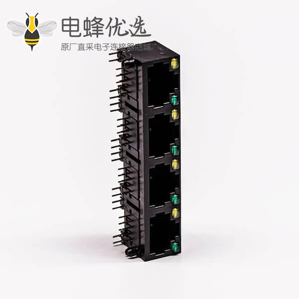 90度rj45带灯插座母头黑色1*4全塑4口带灯接PCB板