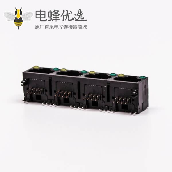 90度rj45带灯插座母头黑色1*4全塑4口带灯接PCB板