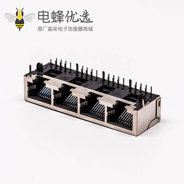 4口rj45插座母头带屏蔽铜壳90°无灯接PCB板