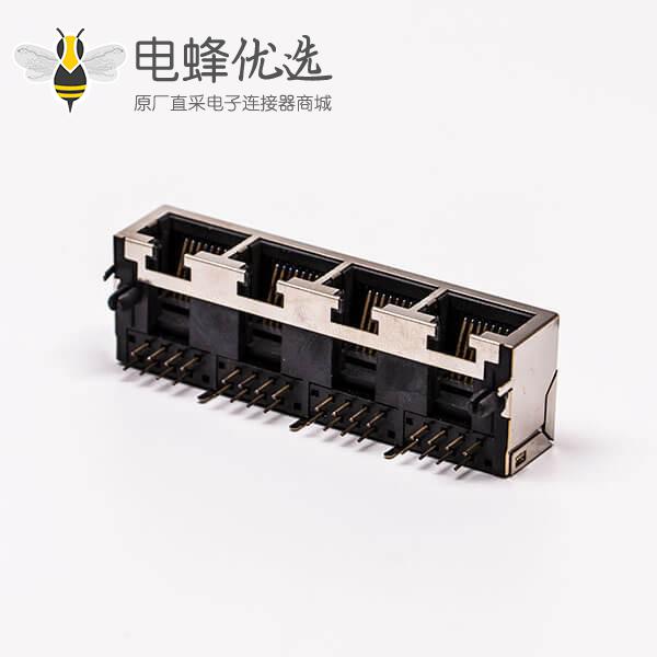 4口rj45插座母头带屏蔽铜壳90°无灯接PCB板