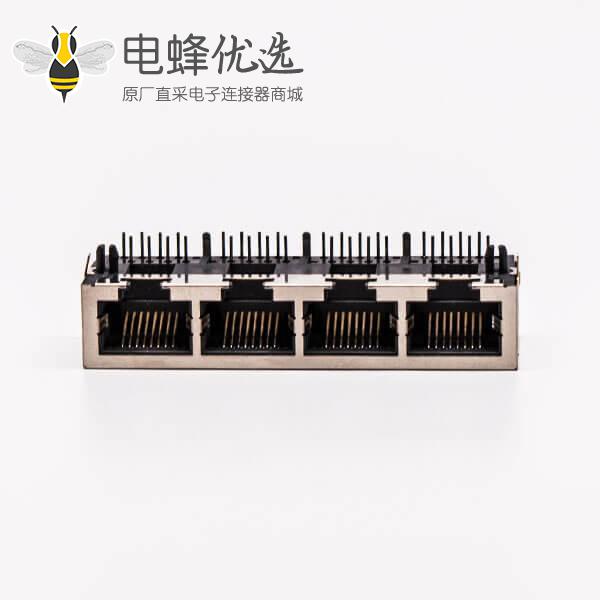 4口rj45插座母头带屏蔽铜壳90°无灯接PCB板