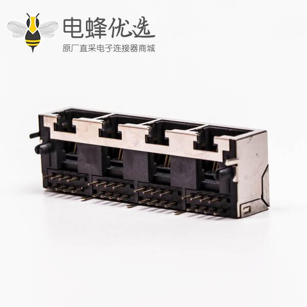 4口rj45插座母头带屏蔽铜壳90°无灯接PCB板