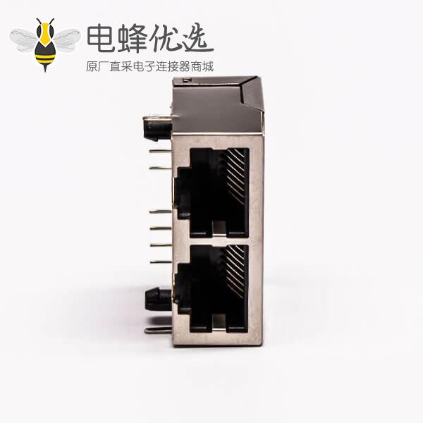 rj45 双口母座铜壳8p弯角屏蔽不带灯网线插口接PCB