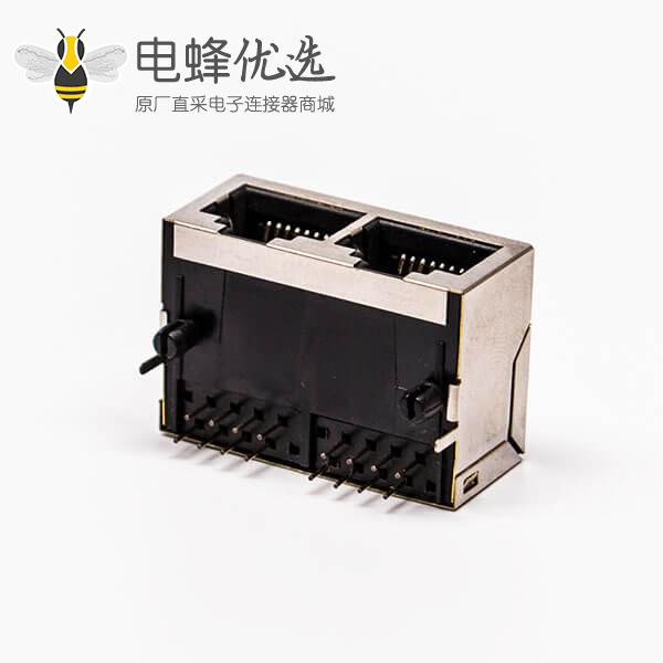 rj45插座 双口铜壳无灯90度带屏蔽母座接PCB板