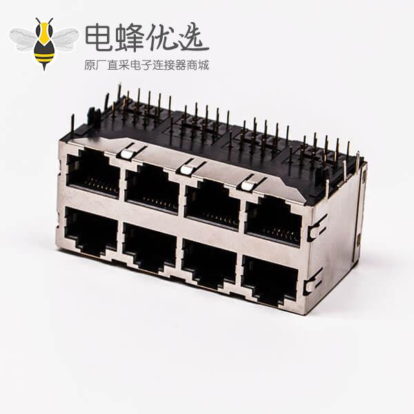 Rj45 8口网络插座母头铜壳90度带弹片无灯接PCB