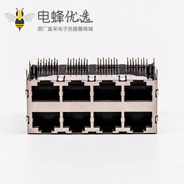 Rj45 8口网络插座母头铜壳90度带弹片无灯接PCB