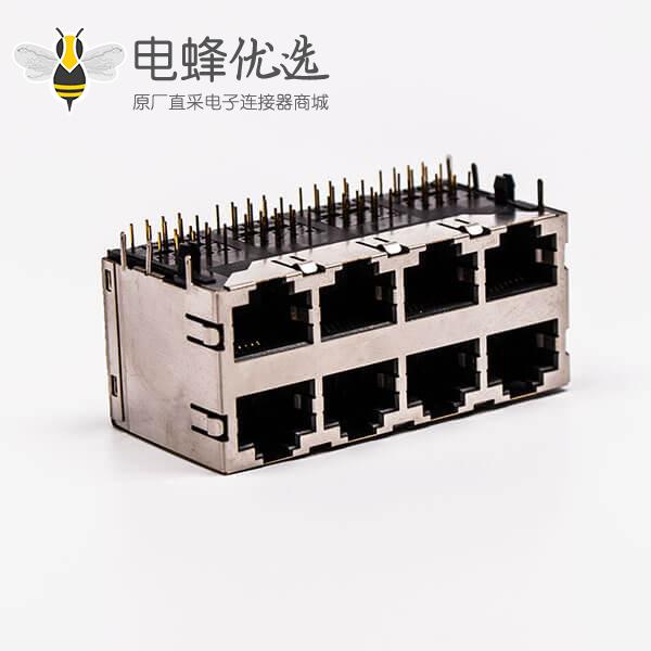 Rj45 8口网络插座母头铜壳90度带弹片无灯接PCB