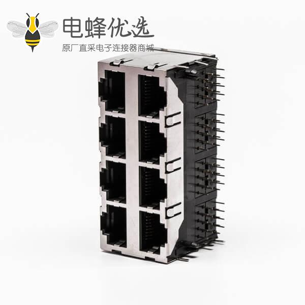 Rj45 8口网络插座母头铜壳90度带弹片无灯接PCB