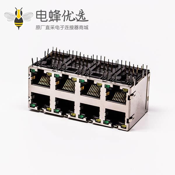 8口 rj45插座弯脚2*4双排带灯无屏蔽带弹片PCB板端