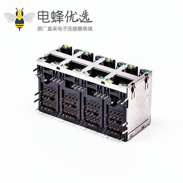 8口 rj45插座弯脚2*4双排带灯无屏蔽带弹片PCB板端