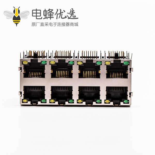 8口 rj45插座弯脚2*4双排带灯无屏蔽带弹片PCB板端