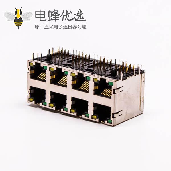 8口 rj45插座弯脚2*4双排带灯无屏蔽带弹片PCB板端