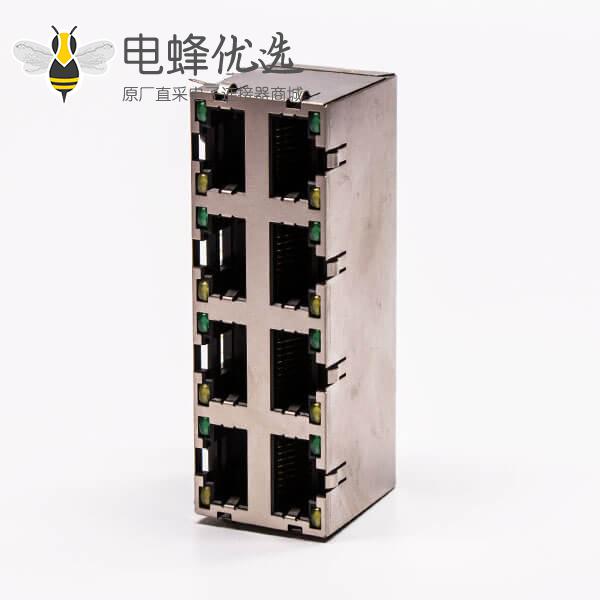 8口 rj45插座弯脚2*4双排带灯无屏蔽带弹片PCB板端