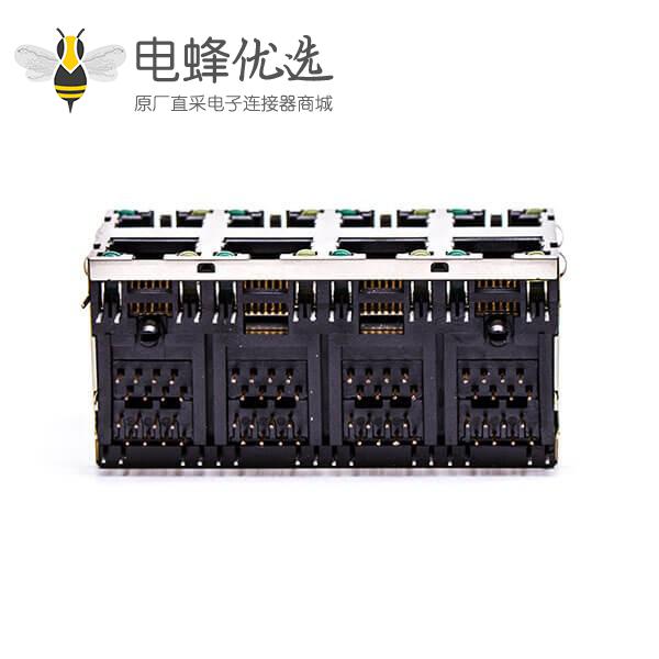 8口 rj45插座弯脚2*4双排带灯无屏蔽带弹片PCB板端