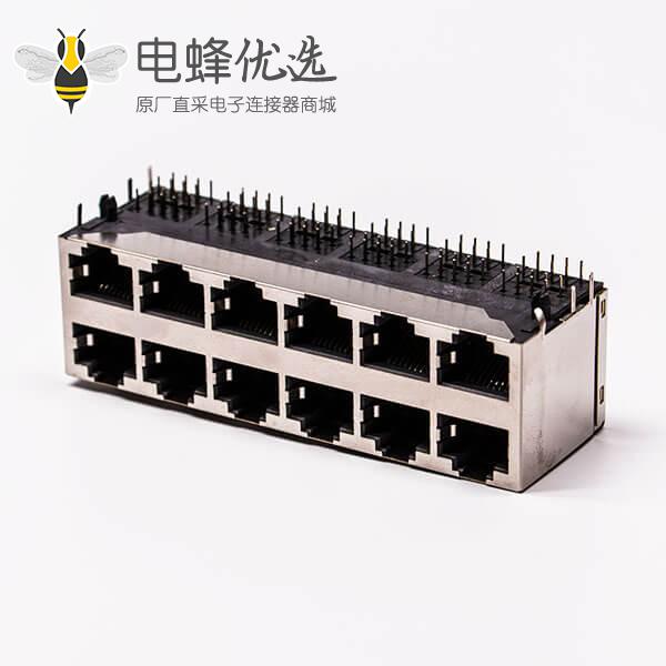 12口rj45铜壳2*6双排屏蔽无灯无弹片母座接PCB