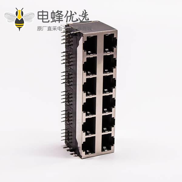 12口rj45铜壳2*6双排屏蔽无灯无弹片母座接PCB