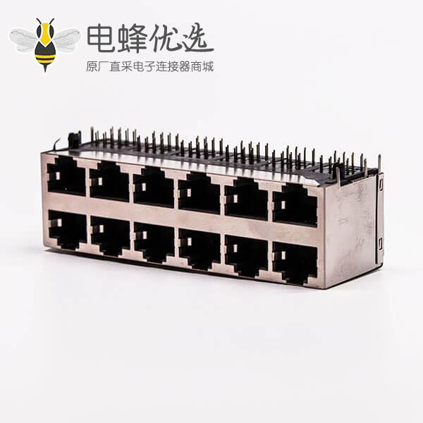 12口rj45铜壳2*6双排屏蔽无灯无弹片母座接PCB