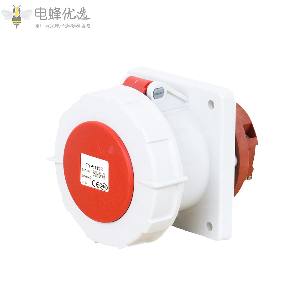 厂家直售TYP1128工业连接器红色5芯63A400V防水工业暗装直插座IP44欧标3P+E+N