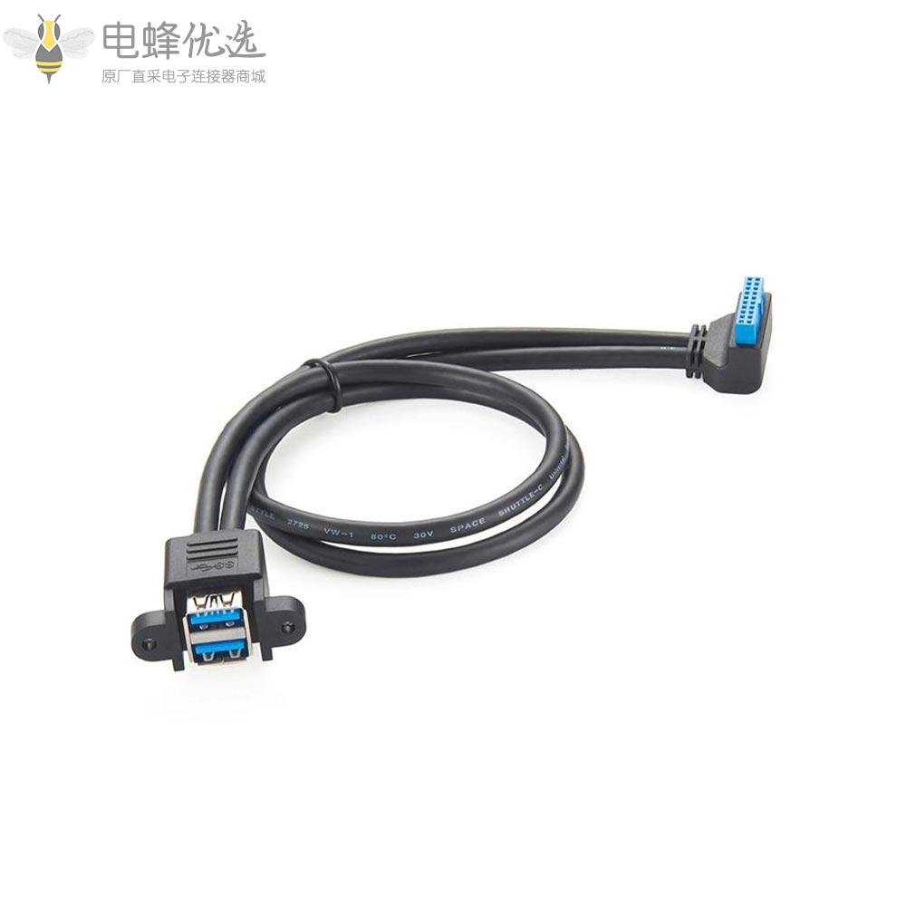 主板19pin_20Pin转USB3.0数据线台式机19针20针转双USB延长线线带固定螺丝孔后置挡板线20P/19P转2口转接线弯头50cm