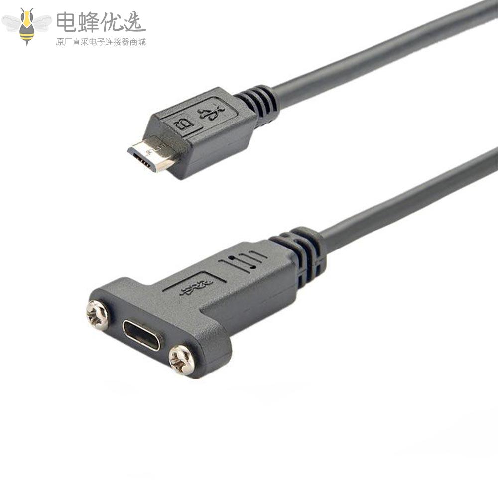 Micro_B转USB_3.1_C型母头面板安装螺丝锁定线接30厘米连接线