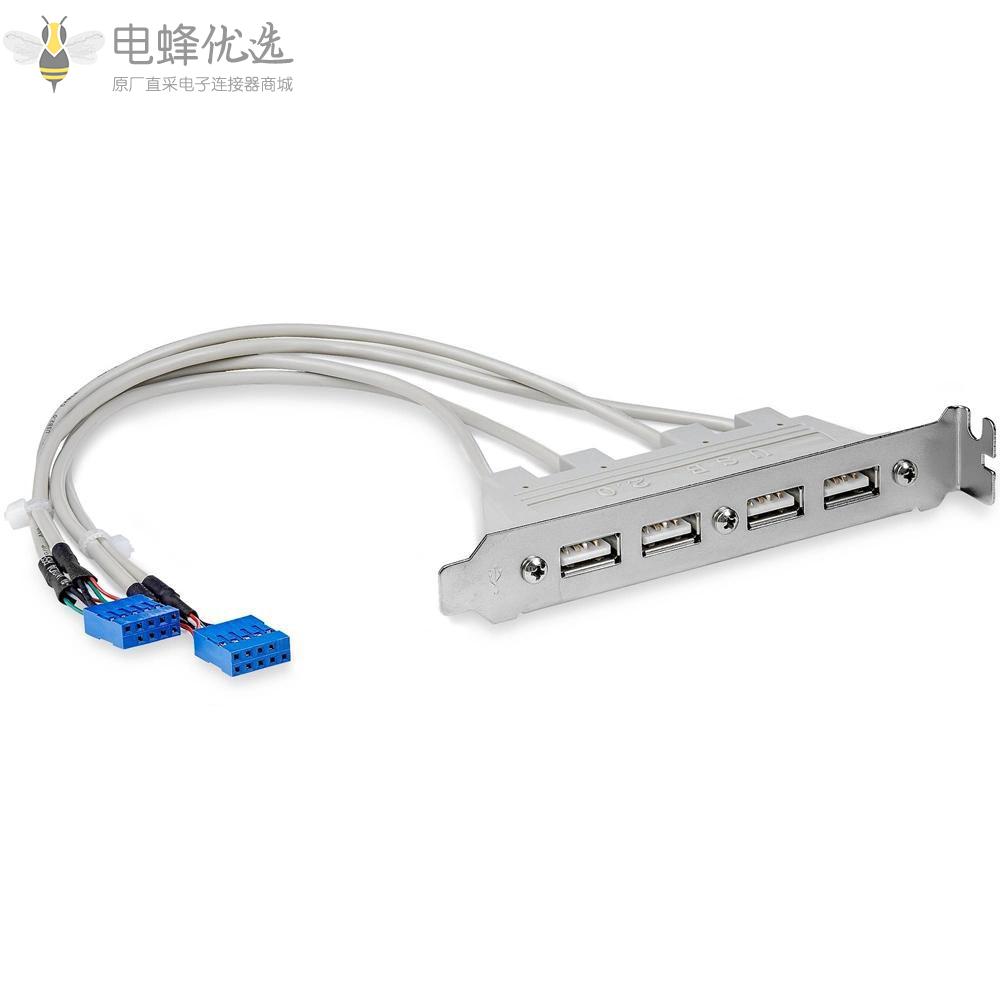 IDC_10P母头转4端口USB_A型母头插槽板面板接头支架适配器线后部延长线接30厘米线缆