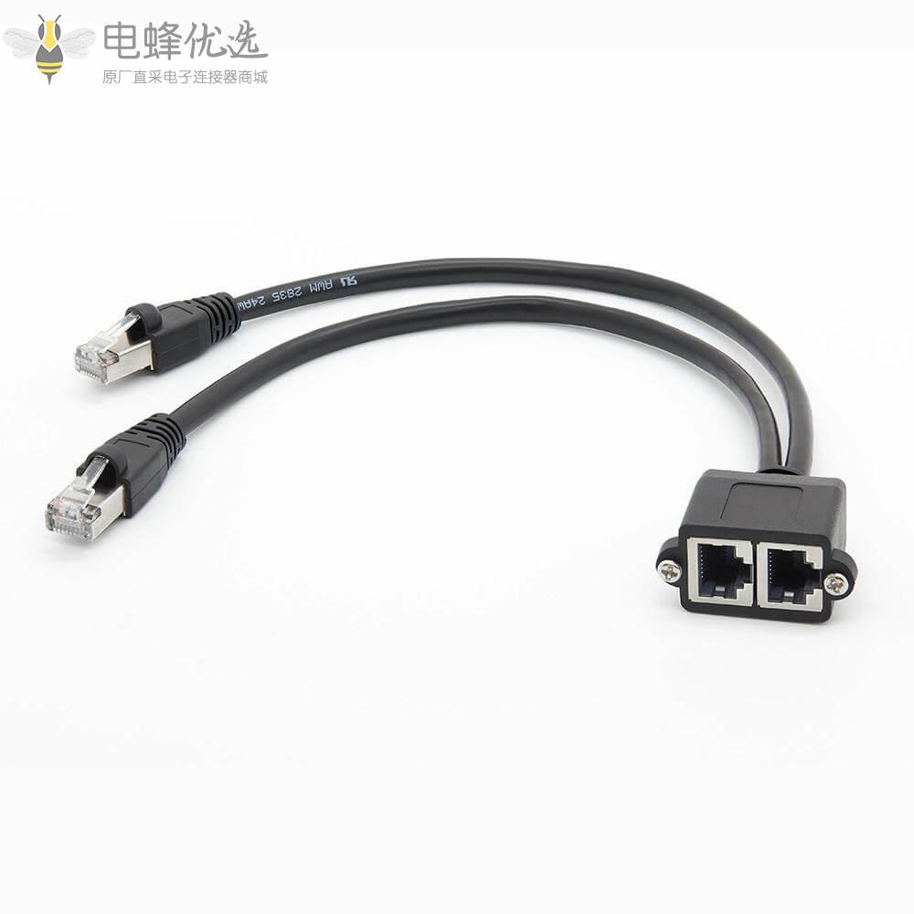 RJ45插头转插座公母延长线2端口转2端口面板安装螺丝锁紧以太网线接30CM连接线