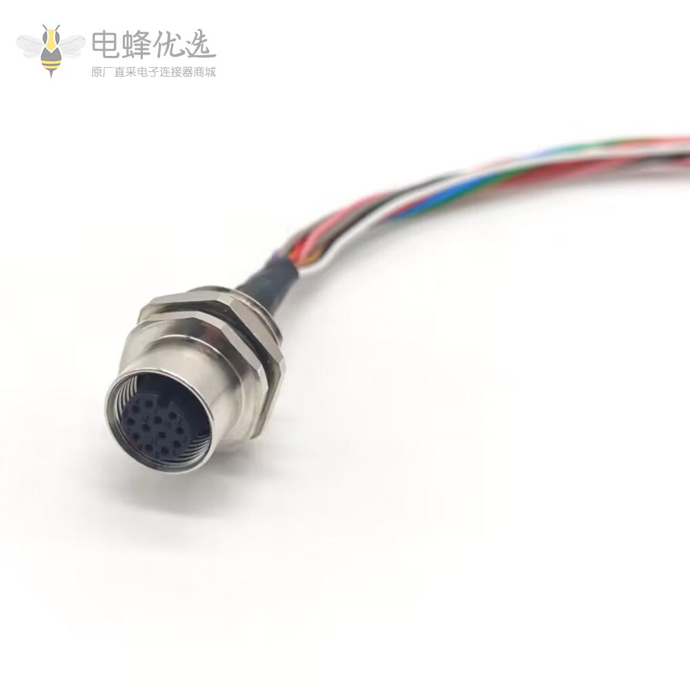 M12传感连接器 12pin A型板端母座子焊接带线1M防水插头