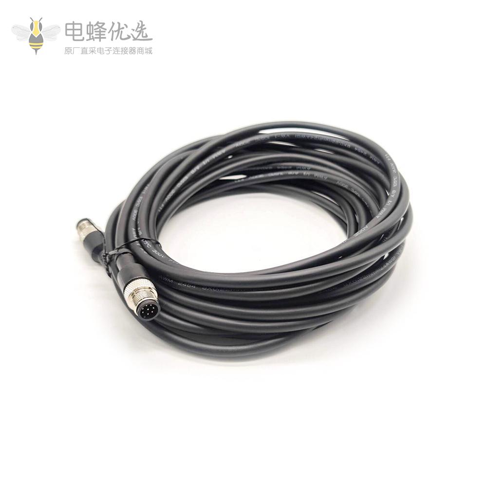 m12传感器电缆双公头8pin直式连线长A编码24ft AWG24 不带屏蔽