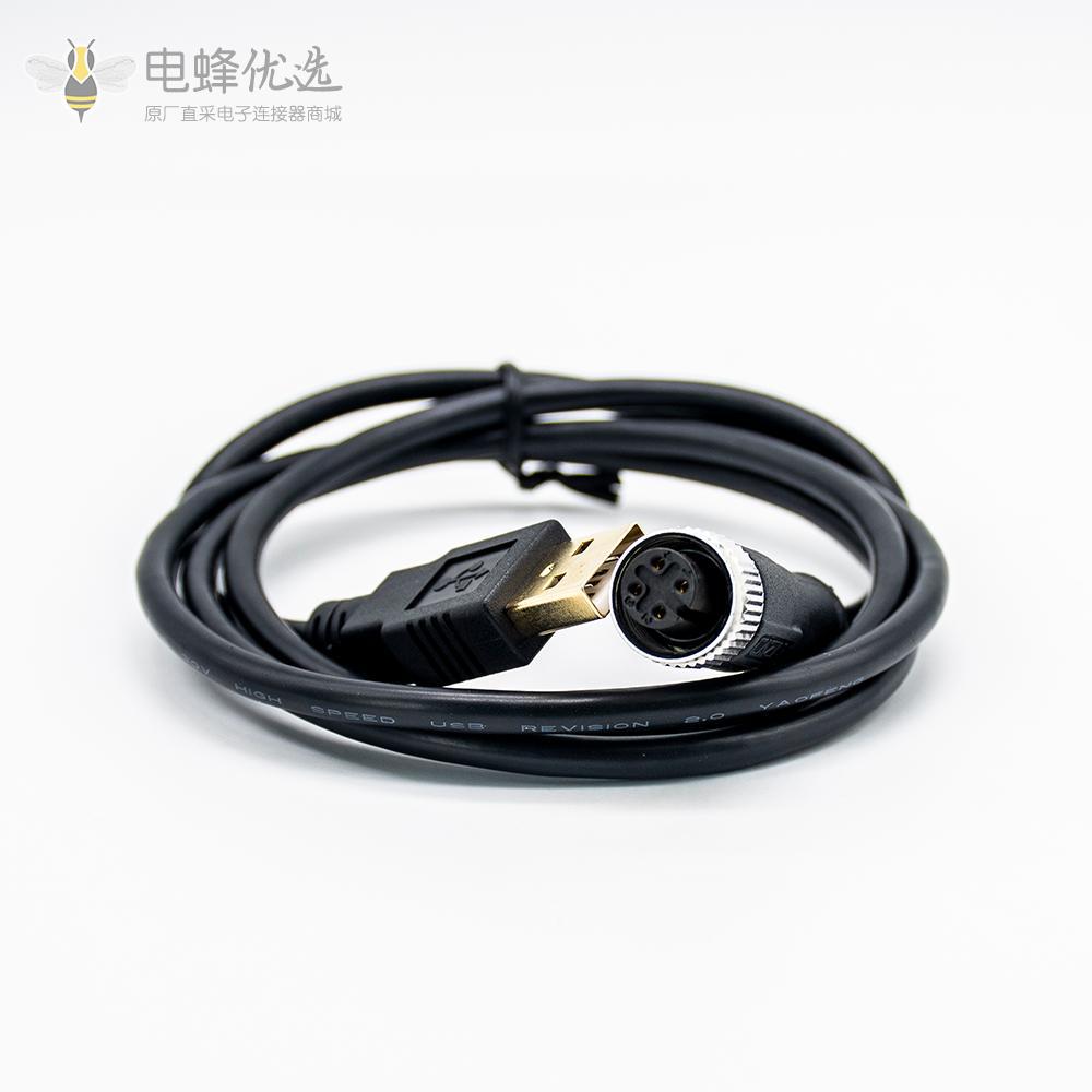 m12转USB接线180度m12A型4芯转USB Type A公头不带屏蔽1M AWG26